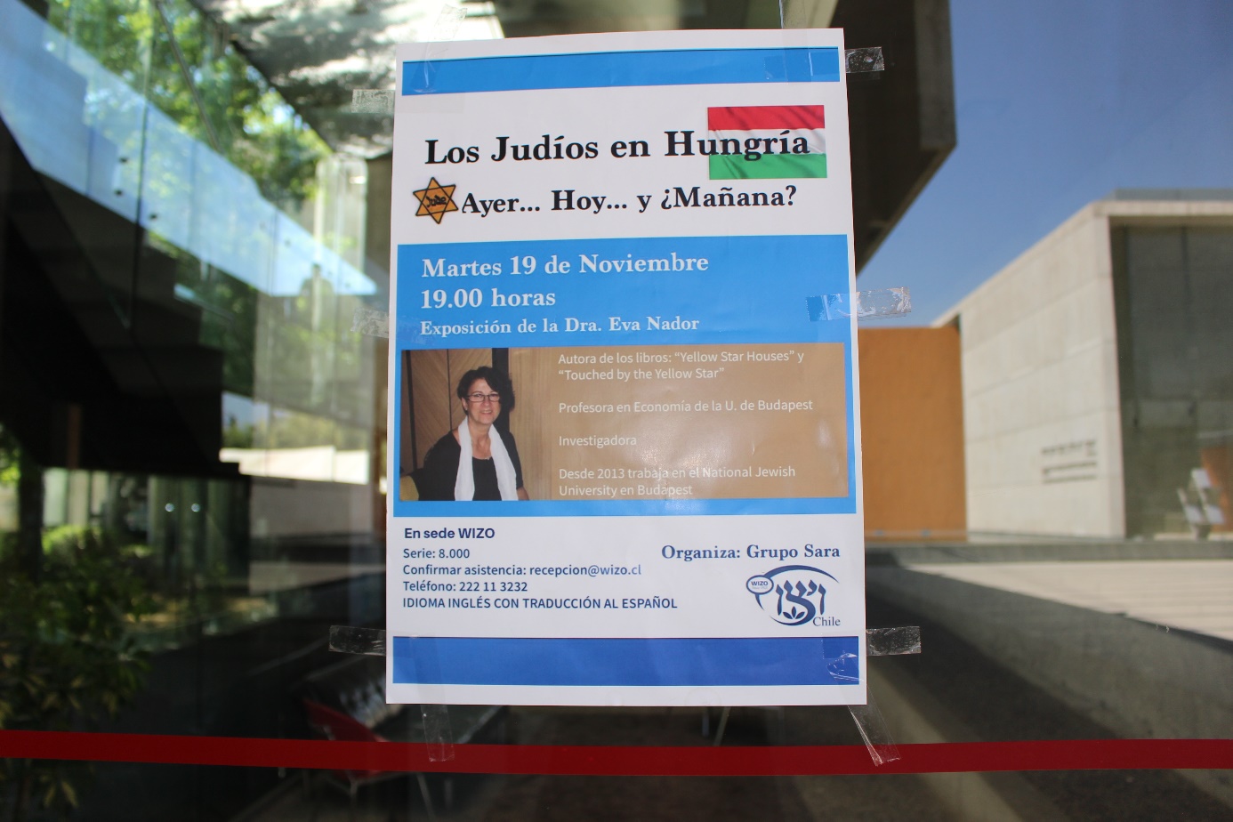 Poster for a public event about Jews in Hungary displayed at a venue